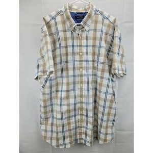 Nautica Men's short sleeve Button Down Shirt Plaid Size XXL Cotton white tan